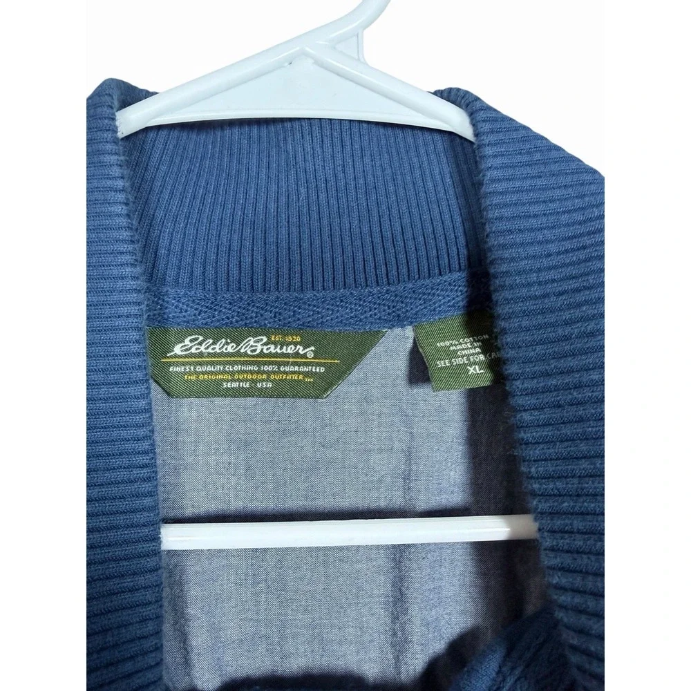 Eddie Bauer Men's XL Mock Neck Henley Sweatshirt Blue 100% Cotton Long‎ Sleeve